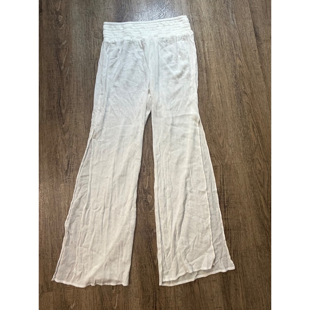 Kona Sol White Smocked Waist Beach Cover Up Pants Side Slit Gauze Medium